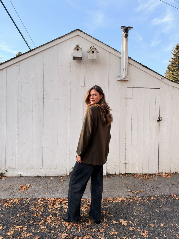 Dark olive vintage camel hair blend blazer Back and side view