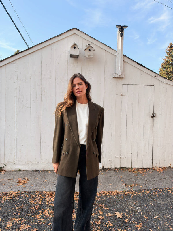Dark olive vintage camel hair blend blazer Full front view