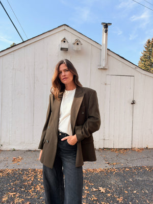 Dark olive vintage camel hair blend blazer Close styled front view