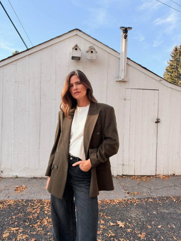 Dark olive vintage camel hair blend blazer Close styled front view