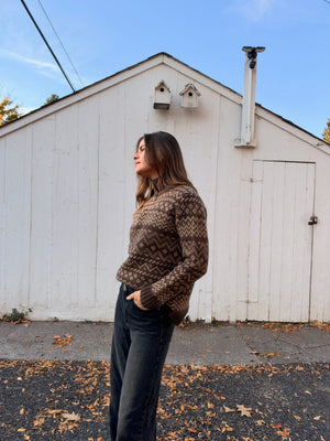 Brown and taupe Fair Isle lambswool zip-neck sweater, modeled view 2