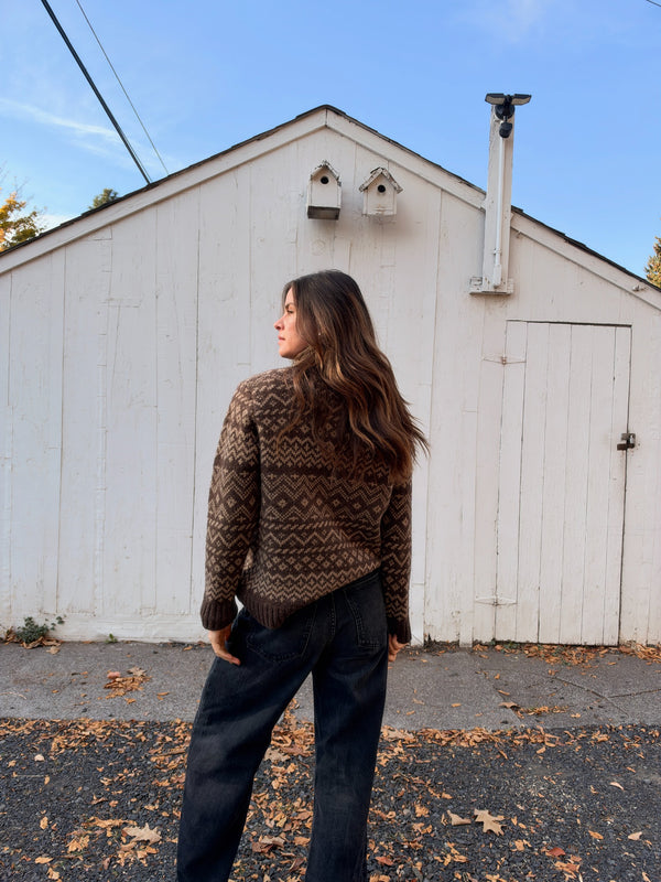 Brown and taupe Fair Isle lambswool zip-neck sweater, modeled view 7