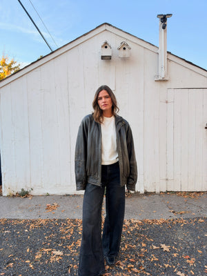 Vintage espresso leather bomber full-length front