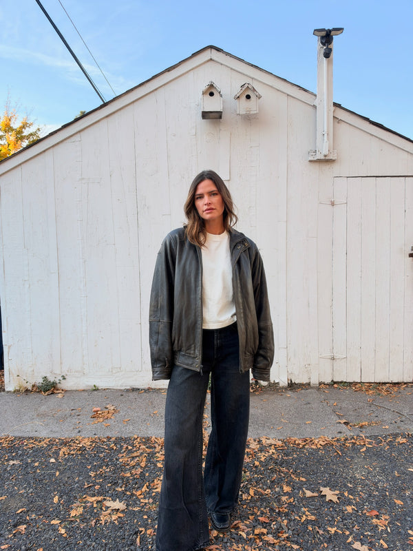 Vintage espresso leather bomber full-length front