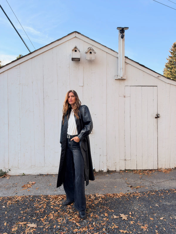 Black vintage rubberized trench coat belted front