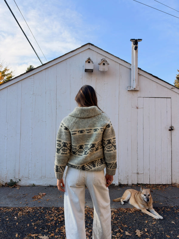 Back view of vintage Canadian patterned wool cardigan