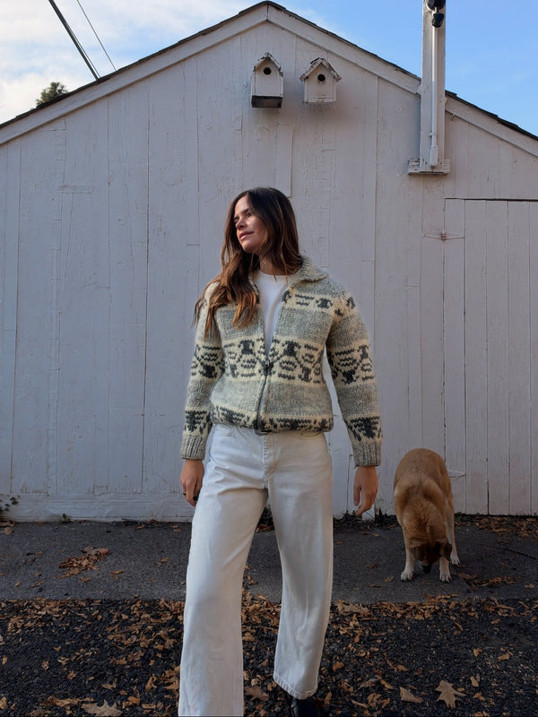 Front view of thick Canadian Cowichan-style wool zipper sweater
