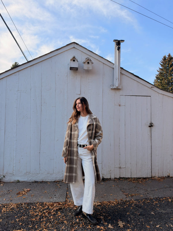 Vintage plaid wool coat styled open front