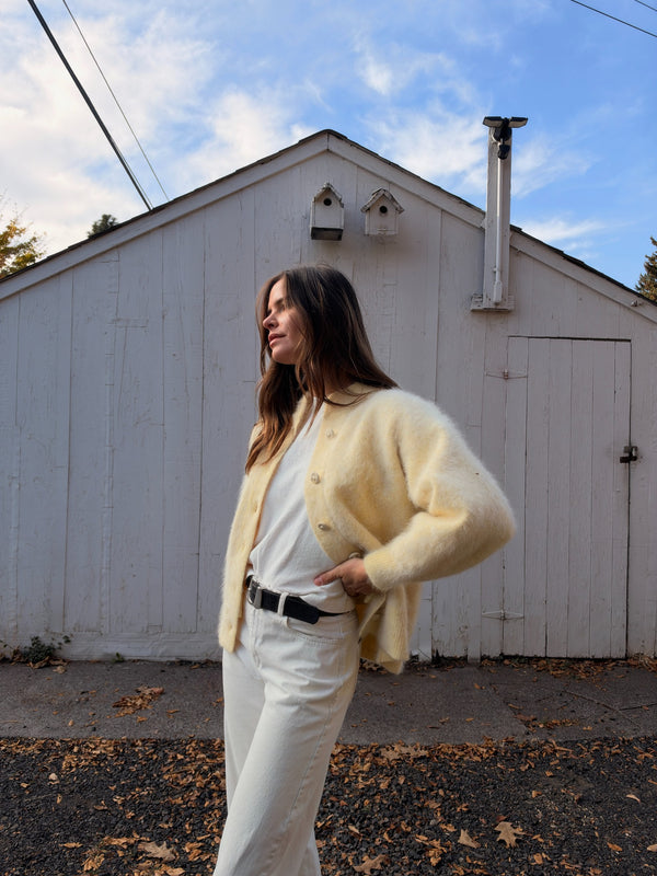 Vintage angora cardigan side view