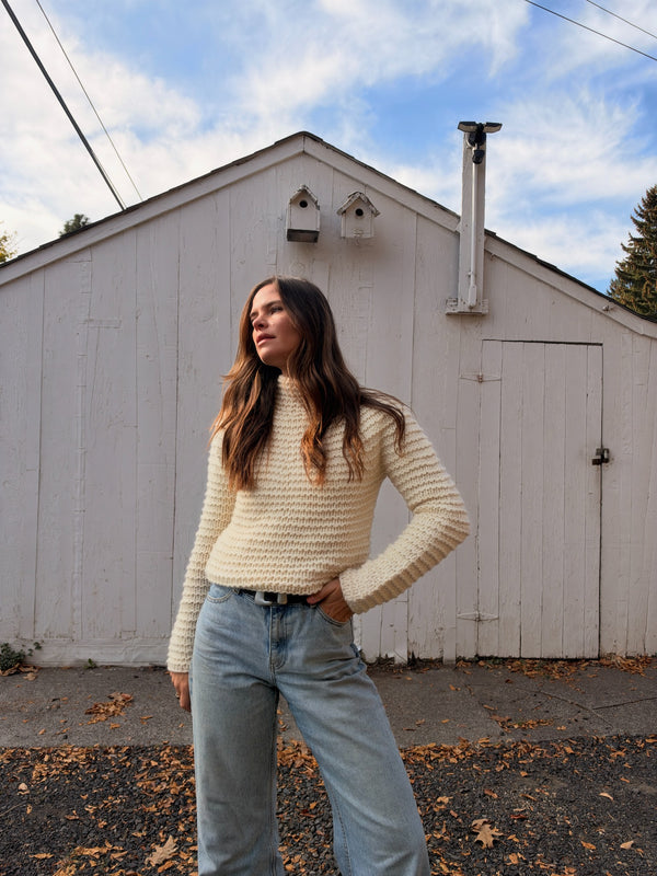 Vintage Gap cream lambswool angora knit sweater modeled from front